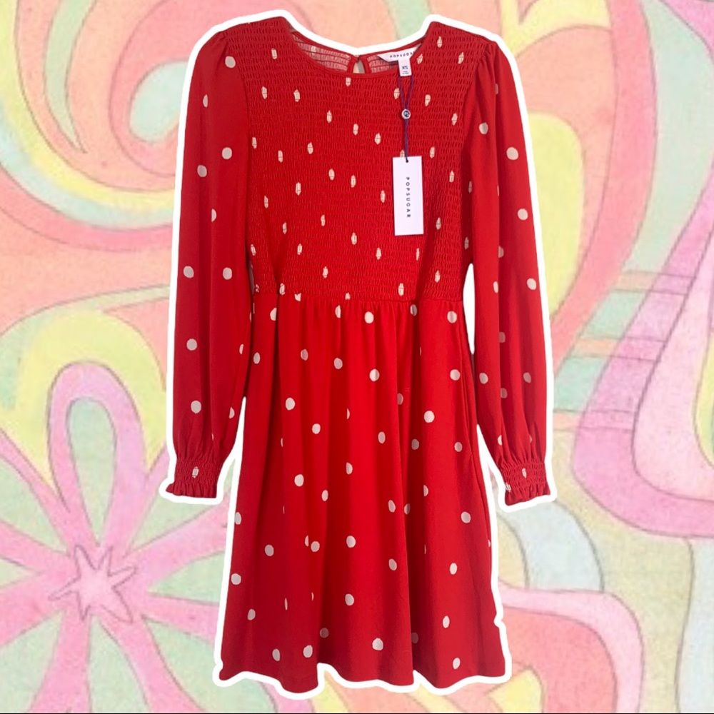 Red and White Polka Dot Long Sleeve Dress